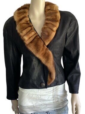 Bespoke 1980’s England Black Reptile Print Smooth Leather Jacket Fur Collar S4